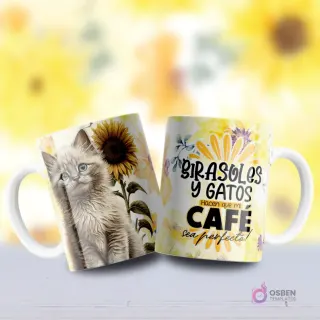 Mockup de dos tazas, una con diseño de gatito blanco y crema de ojos azules oculto entre girasoles y otra con frase 'GIRASOLES Y GATOS HACEN QUE MI CAFÉ SEA PERFECTO'.