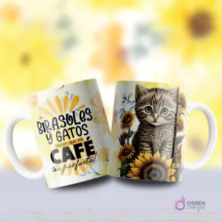 Mockup de dos tazas, una con diseño de gatito atigrado gris de ojos claros y mirada inocente entre girasoles y otra con frase 'GIRASOLES Y GATOS HACEN QUE MI CAFÉ SEA PERFECTO'.