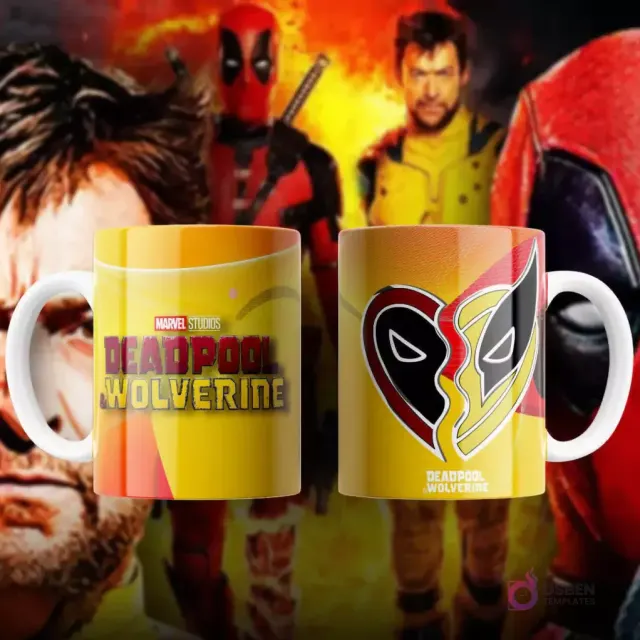 Taza de sublimación blanca con el logo 'Marvel Studios Deadpool & Wolverine' sobre fondo degradado de amarillo a rojo vibrante.
