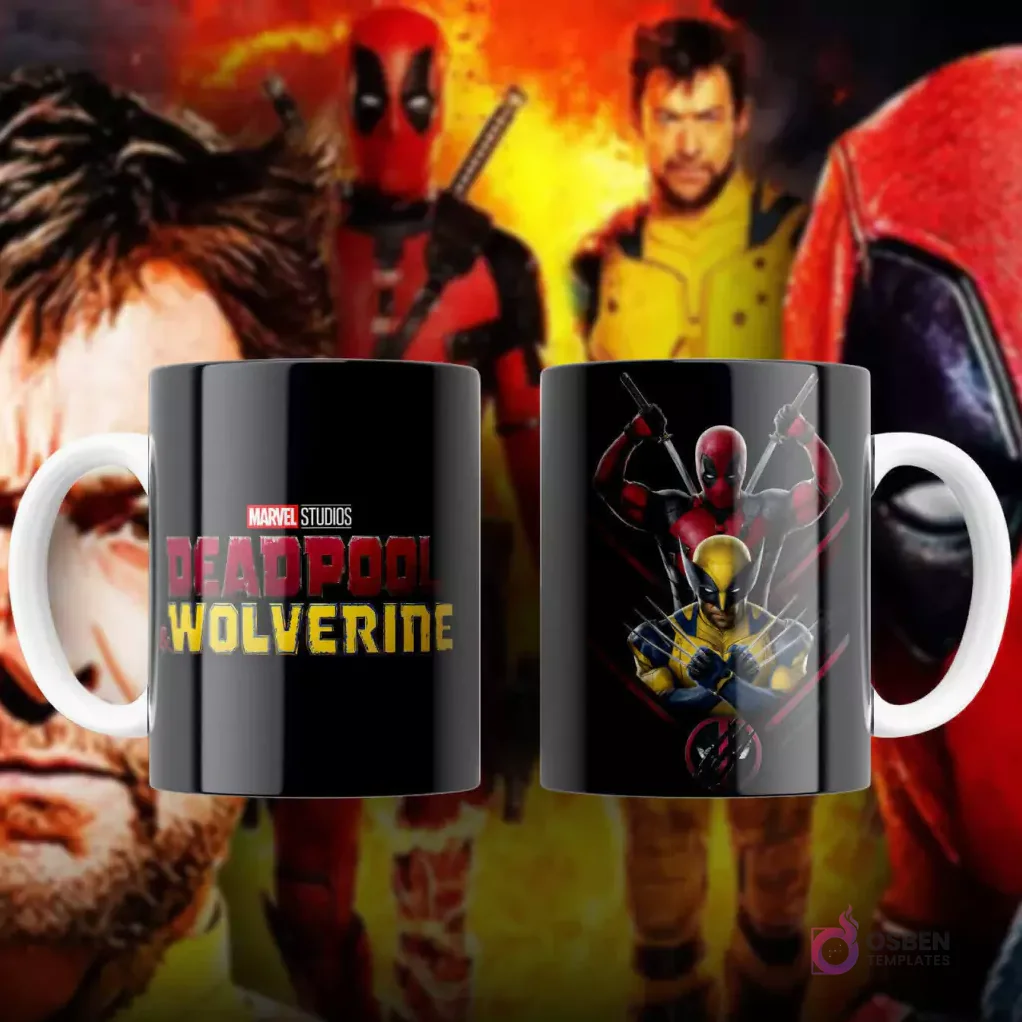 Taza de sublimación negra con Deadpool y Wolverine en un estilo de ilustración moderna y vibrante, fondo oscuro con detalles.