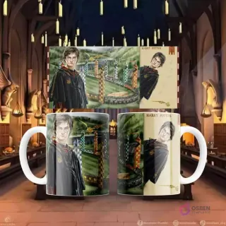 Plantilla de sublimación para taza con diseño de Harry Potter en el campo de Quidditch, frente y perfil.