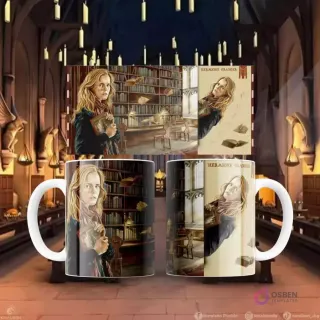 Plantilla de sublimación para taza con diseño de Hermione Granger en la biblioteca de Hogwarts, frente y perfil.