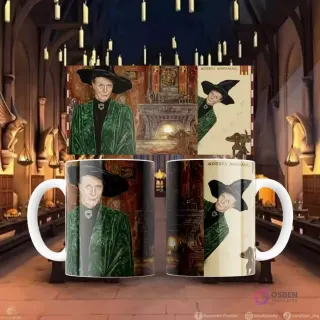 Plantilla de sublimación para taza con diseño de Minerva McGonagall en su oficina de Hogwarts, frente y perfil.
