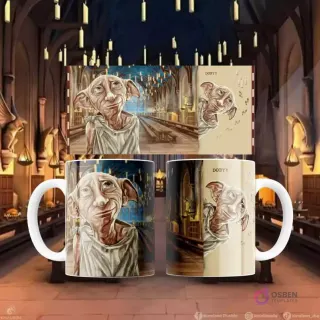 Plantilla de sublimación para taza con diseño del elfo Dobby en el Gran Comedor de Hogwarts, frente y perfil.