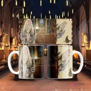 Plantilla de sublimación para taza con diseño de Albus Dumbledore en su despacho, frente y perfil, incluye sombrero seleccionador.