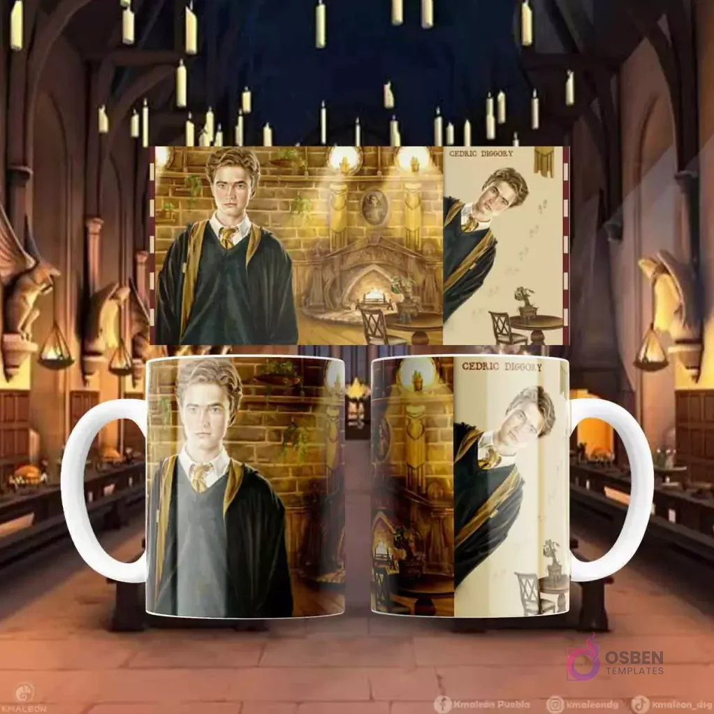 Plantilla de sublimación para taza con diseño de Cedric Diggory en una sala común de Hogwarts, frente y perfil.