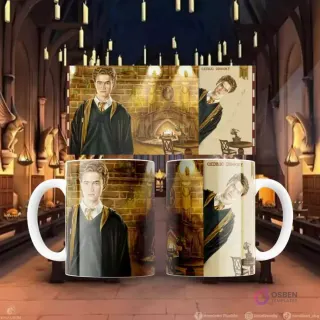 Plantilla de sublimación para taza con diseño de Cedric Diggory en una sala común de Hogwarts, frente y perfil.