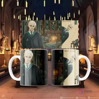 Plantilla de sublimación para taza con diseño de Draco Malfoy en la sala común de Slytherin, frente y perfil.