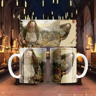 Plantilla de sublimación para taza con diseño de Rubeus Hagrid frente a su cabaña, frente y perfil, con detalle de aves.