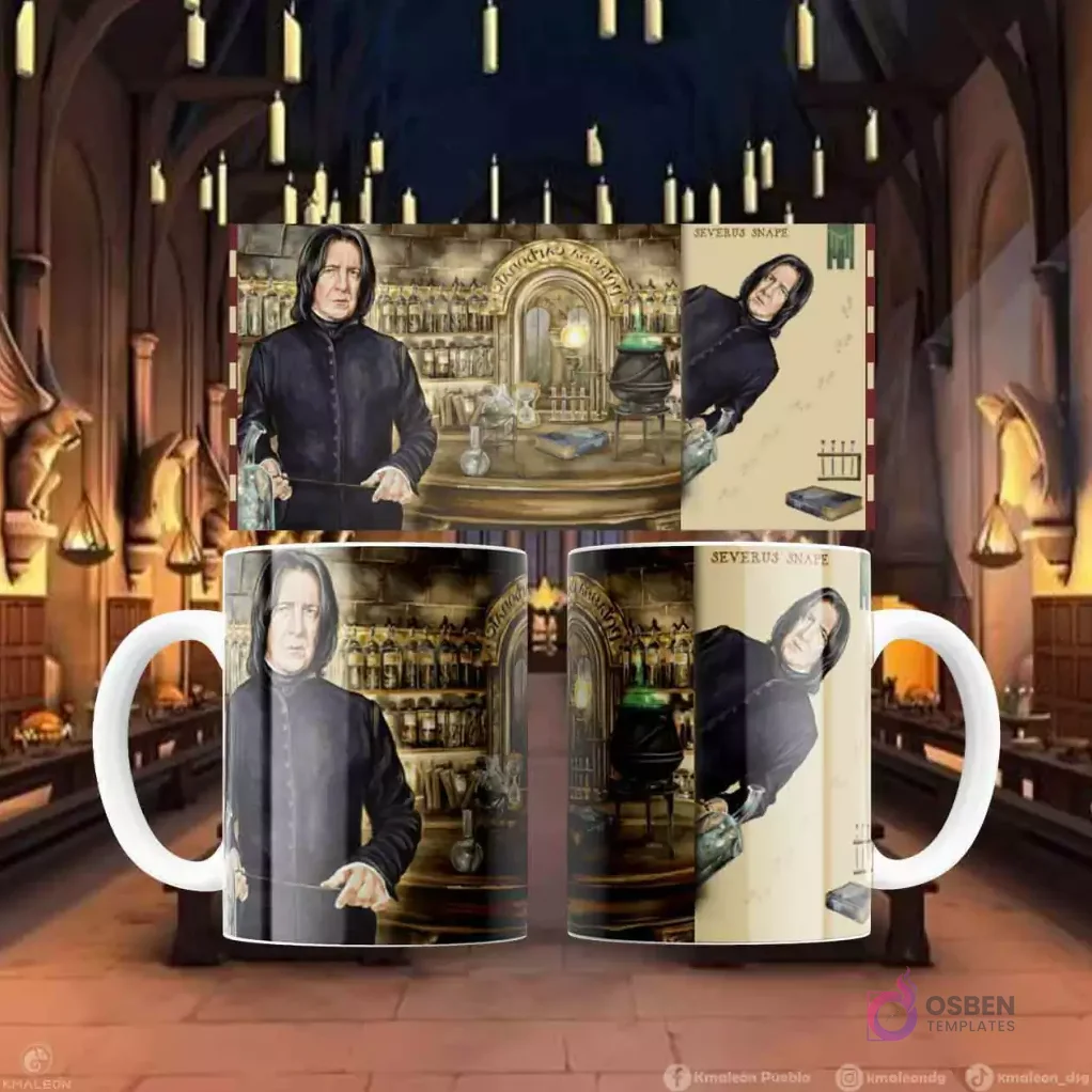 Plantilla de sublimación para taza con diseño de Severus Snape en el aula de pociones de Hogwarts, frente y perfil.