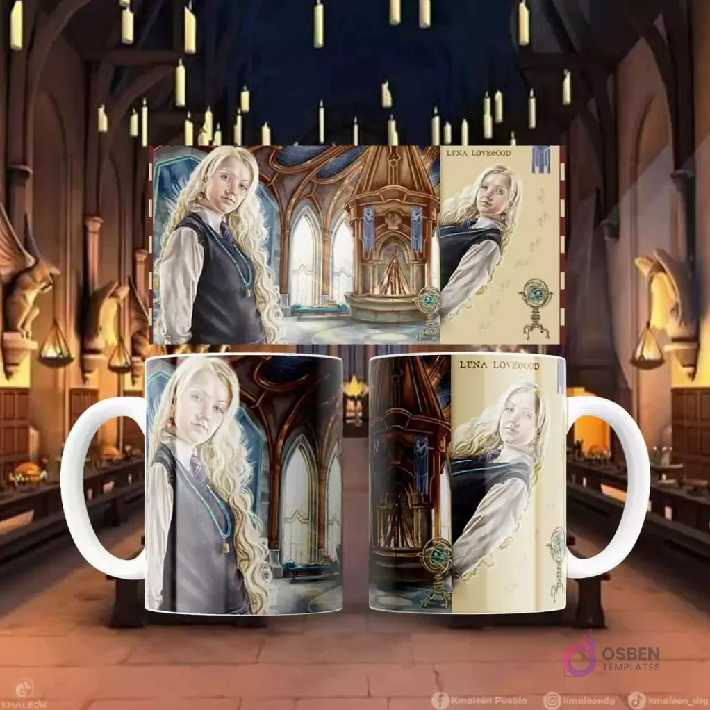 Plantilla de sublimación para taza con diseño de Luna Lovegood en la sala común de Ravenclaw, frente y perfil.