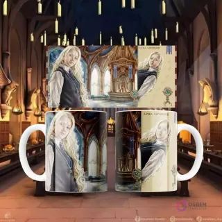 Plantilla de sublimación para taza con diseño de Luna Lovegood en la sala común de Ravenclaw, frente y perfil.