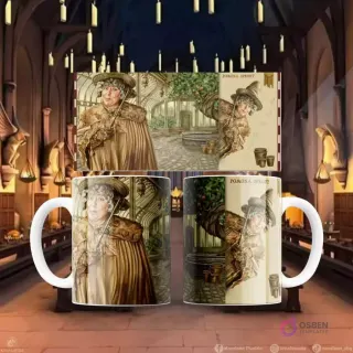 Plantilla de sublimación para taza con diseño de Pomona Sprout en el invernadero de Hogwarts, frente y perfil.