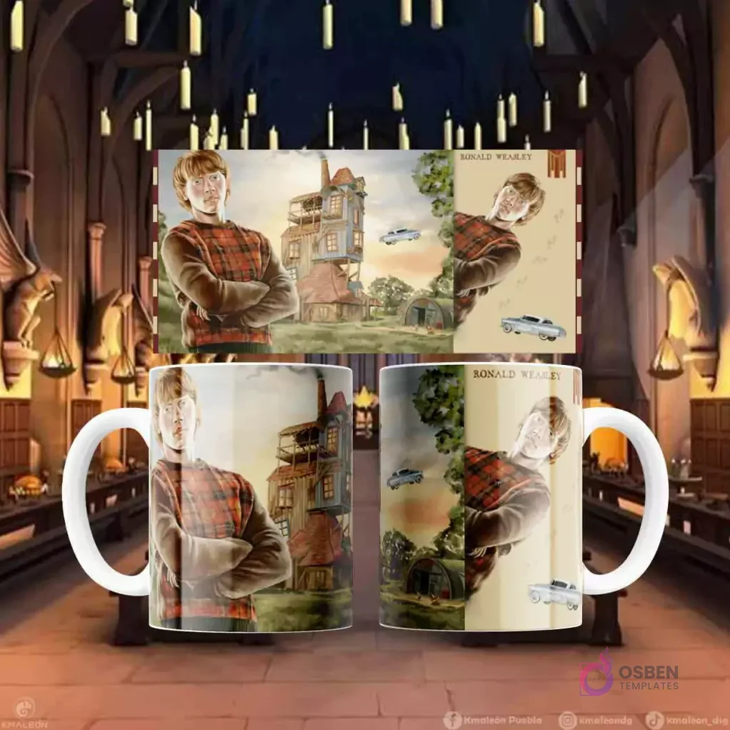 Plantilla de sublimación para taza con diseño de Ronald Weasley frente a la Madriguera y el coche volador, frente y perfil.
