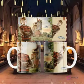 Plantilla de sublimación para taza con diseño de Ronald Weasley frente a la Madriguera y el coche volador, frente y perfil.