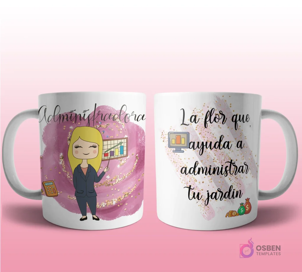 Mug mockup con diseño de administradora caricaturizada de cabello rubio con traje azul, señalando un gráfico de barras, sobre fondo abstracto rosa y frase 'La flor que ayuda a administrar tu jardín'.