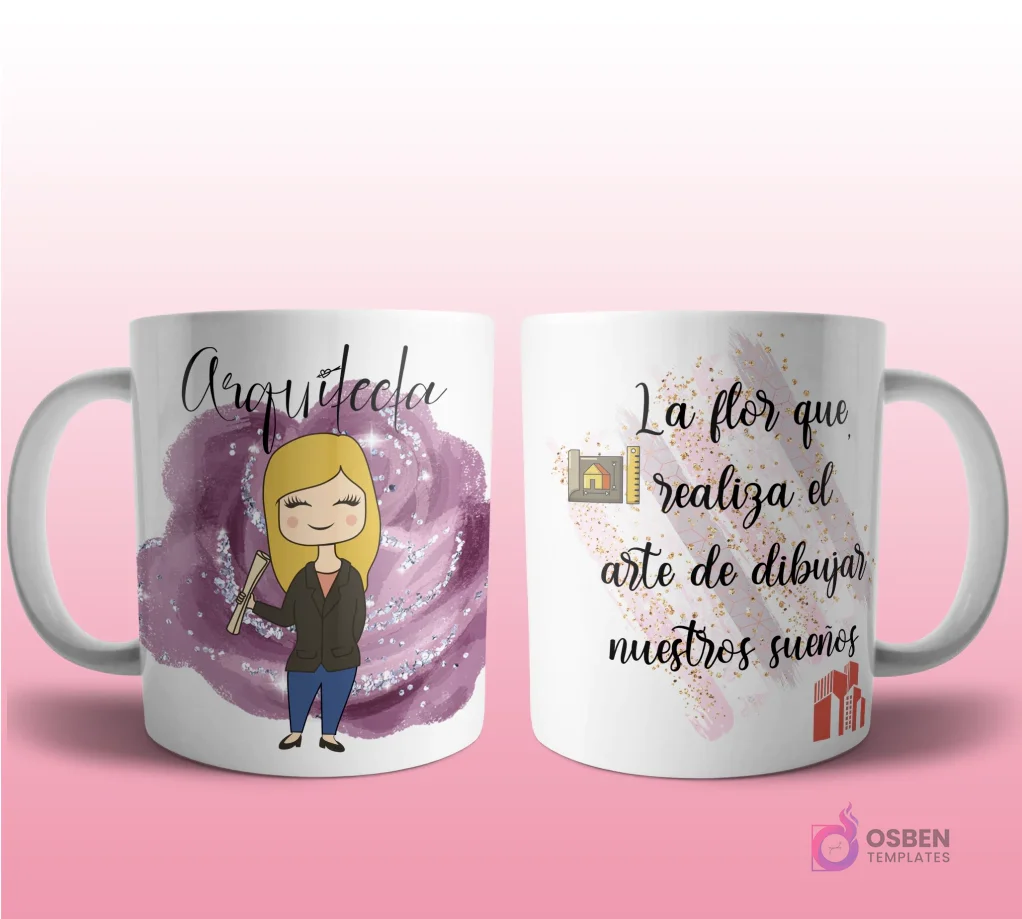 Mug mockup con diseño de arquitecta caricaturizada de cabello rubio con traje negro, sosteniendo planos, sobre fondo abstracto morado con brillos y frase 'La flor que realiza el arte de dibujar nuestros sueños'.