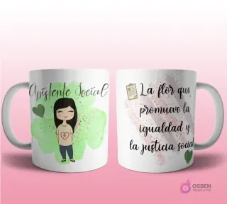 Mug mockup con diseño de barrendora caricaturizada de cabello rubio con uniforme naranja, sosteniendo una escoba, sobre fondo abstracto dorado con brillos y frase 'La flor que ayuda a mantener a nuestra ciudad limpia'.