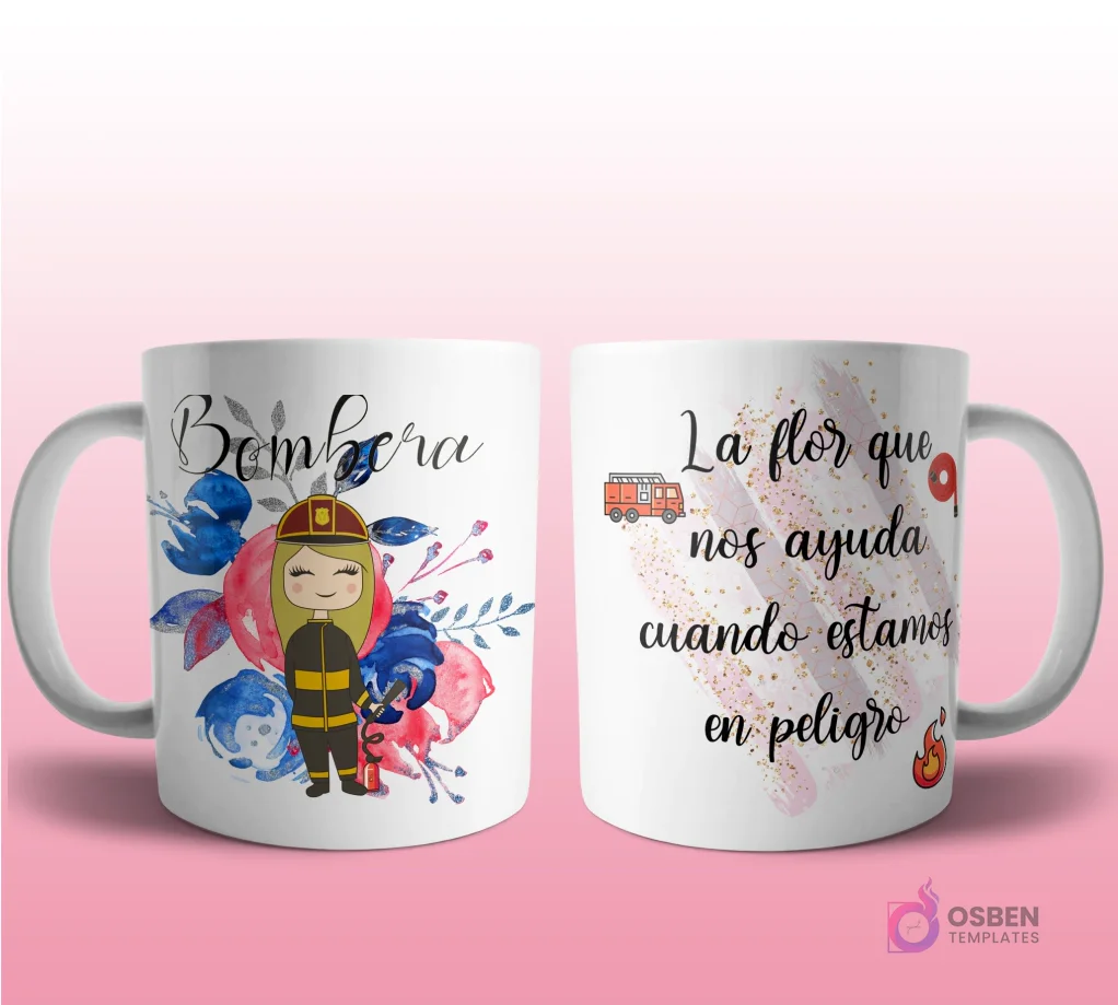 Mug mockup con diseño de contadora caricaturizada de cabello oscuro con traje gris, sosteniendo un signo de dólar, sobre fondo abstracto azul con brillos y frase 'La flor que hace que tu jardín se beneficie con amor'.