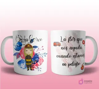 Mug mockup con diseño de contadora caricaturizada de cabello oscuro con traje gris, sosteniendo un signo de dólar, sobre fondo abstracto azul con brillos y frase 'La flor que hace que tu jardín se beneficie con amor'.