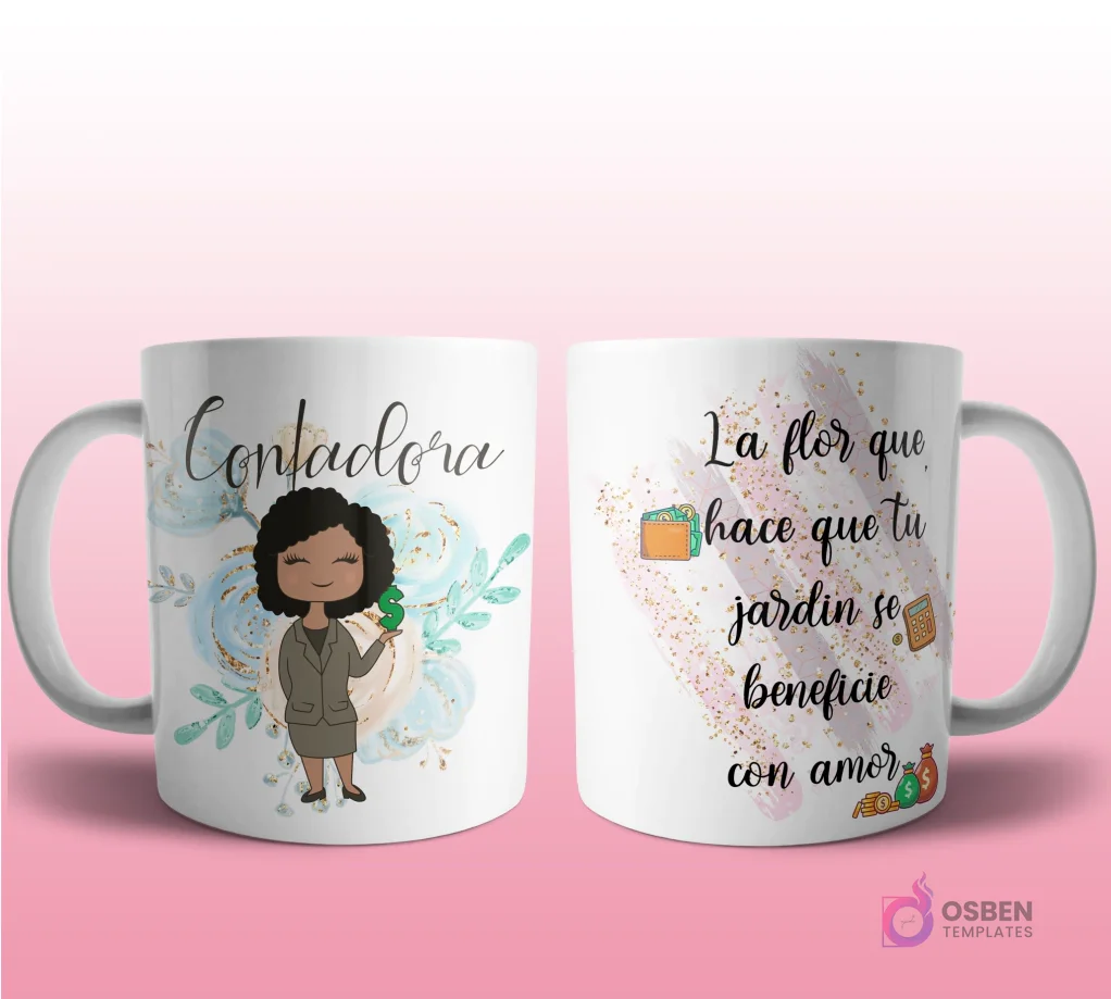 Mug mockup con diseño de cosmetóloga caricaturizada de cabello rubio con uniforme beige, sosteniendo una planta, sobre fondo abstracto rosa con brillos y frase 'La flor que cuida nuestra belleza'.