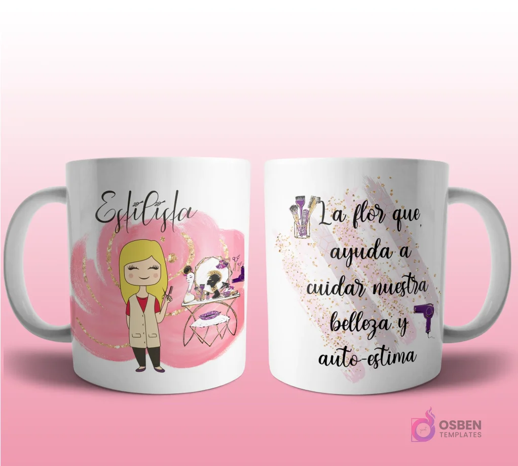 Mug mockup con diseño de farmacéutica caricaturizada de cabello rubio con bata de laboratorio, sosteniendo un frasco de pastillas, sobre fondo abstracto violeta y dorado con brillos y frase 'La flor que ayuda a cuidar nuestra salud'.