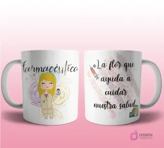 Mug mockup con diseño de farmacéutica caricaturizada de cabello oscuro con bata de laboratorio, sosteniendo un frasco de pastillas, sobre fondo abstracto violeta y dorado con brillos y frase 'La flor que ayuda a cuidar nuestra salud'.