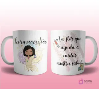 Mug mockup con diseño de profesional de finanzas caricaturizada de cabello oscuro con traje, sosteniendo un signo de dólar, sobre fondo abstracto azul con brillos y frase 'La flor que hace que tu jardín se beneficie con amor'.