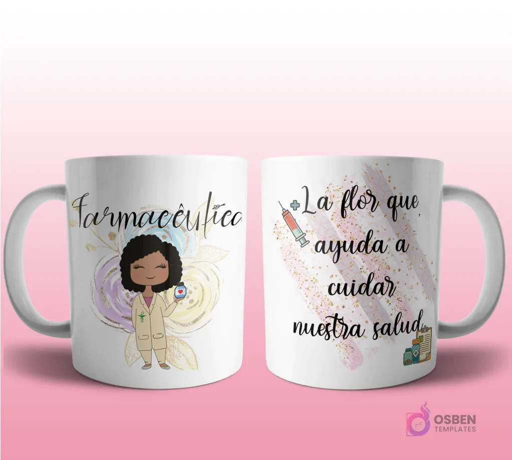 Mug mockup con diseño de profesional de finanzas caricaturizada de cabello oscuro con traje, sosteniendo un signo de dólar, sobre fondo abstracto azul con brillos y frase 'La flor que hace que tu jardín se beneficie con amor'.