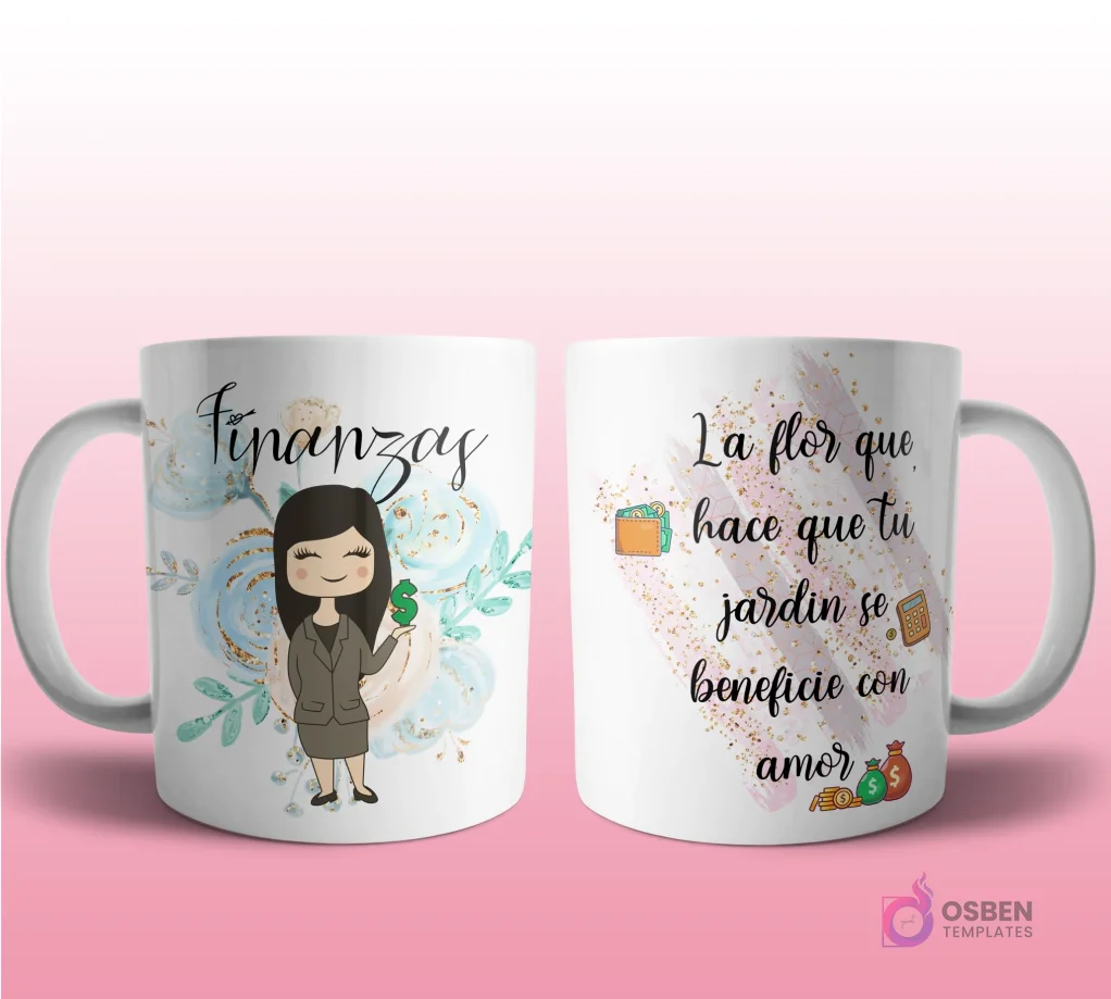 Mug mockup con diseño de fisioterapeuta caricaturizada de cabello oscuro con bata de laboratorio, sosteniendo un libro, sobre fondo de flor de loto rosa con brillos y frase 'La flor que ayuda a cuidar nuestro cuerpo'.