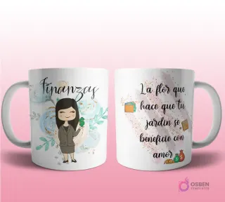 Mug mockup con diseño de fisioterapeuta caricaturizada de cabello oscuro con bata de laboratorio, sosteniendo un libro, sobre fondo de flor de loto rosa con brillos y frase 'La flor que ayuda a cuidar nuestro cuerpo'.