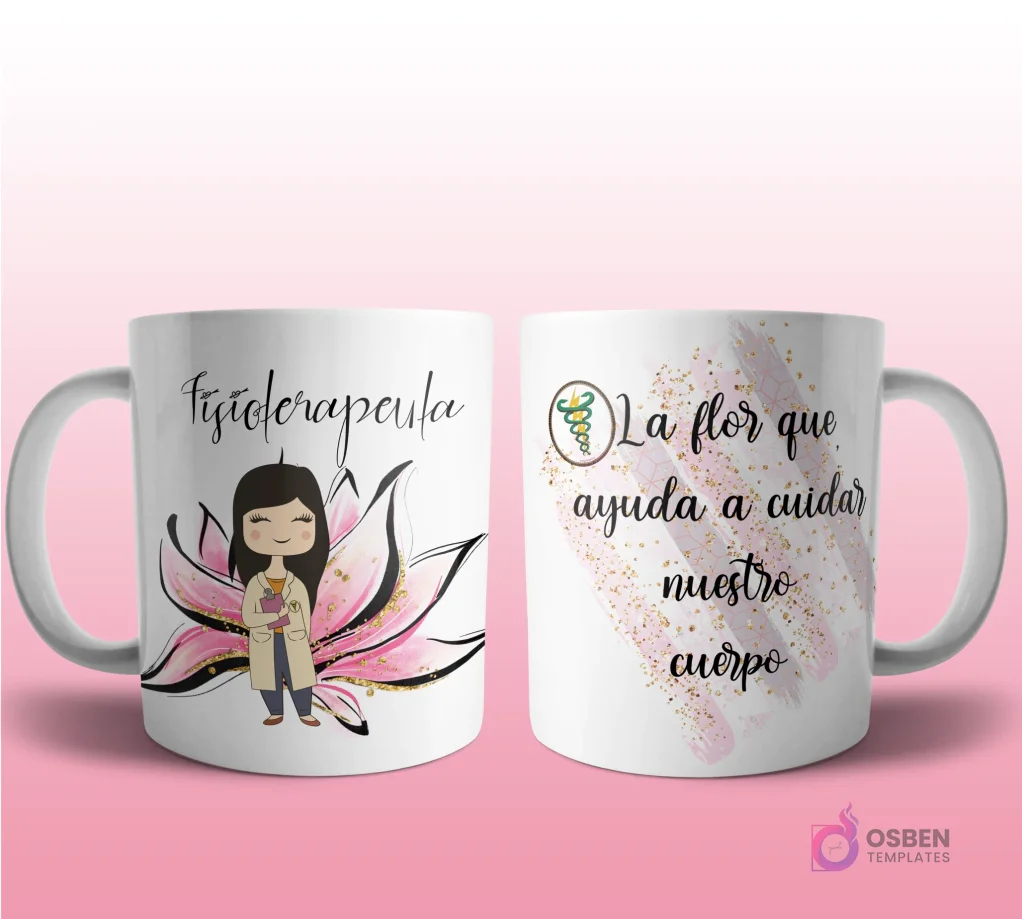Mug mockup con diseño de ingeniera civil caricaturizada de cabello oscuro con casco y planos, sobre fondo de flor rosa con brillos y frase 'La flor que planea y proyecta nuestros sueños'.