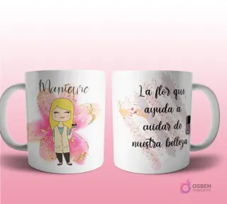 Mug mockup con diseño de doctora caricaturizada de cabello rubio con bata de laboratorio y jeringa, sobre fondo de flor morada con brillos y frase 'La flor que cuida nuestro bien más importante. La vida!', con íconos médicos.
