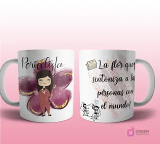 Mug mockup con diseño de personal trainer caricaturizada de cabello oscuro con ropa deportiva, sobre fondo abstracto rosa con brillos y frase 'La flor que cuida de nuestro físico', con íconos de deportes y ejercicio.