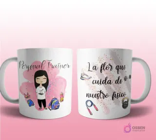 Mug mockup con diseño de policía caricaturizada de cabello oscuro con uniforme azul, sobre fondo de flor azul con brillos y frase 'La flor que cuida de nuestra seguridad', con íconos de esposas y coche patrulla.