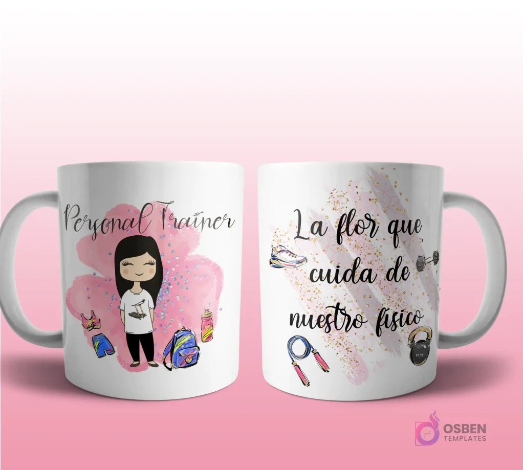 Mug mockup con diseño de policía caricaturizada de cabello oscuro con uniforme azul, sobre fondo de flor azul con brillos y frase 'La flor que cuida de nuestra seguridad', con íconos de esposas y coche patrulla.