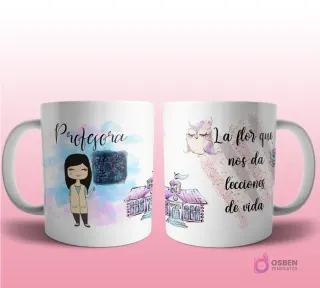 Mug mockup con diseño de psicóloga caricaturizada de cabello oscuro con bata de laboratorio, sobre fondo de flor de loto rosa con brillos y frase 'La flor que ayuda a ordenar el desorden del alma y la mente', con íconos de cerebro y psique.