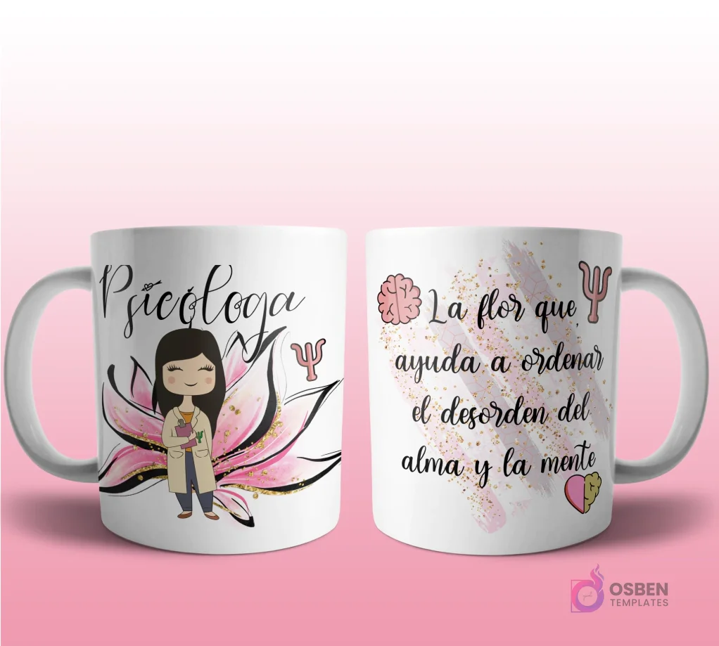 Mug mockup con diseño de profesional de recursos humanos caricaturizada de cabello rojizo con identificación, sobre fondo de flor azul y dorada con brillos y frase 'La flor que contrata y selecciona a los mejores candidatos'.
