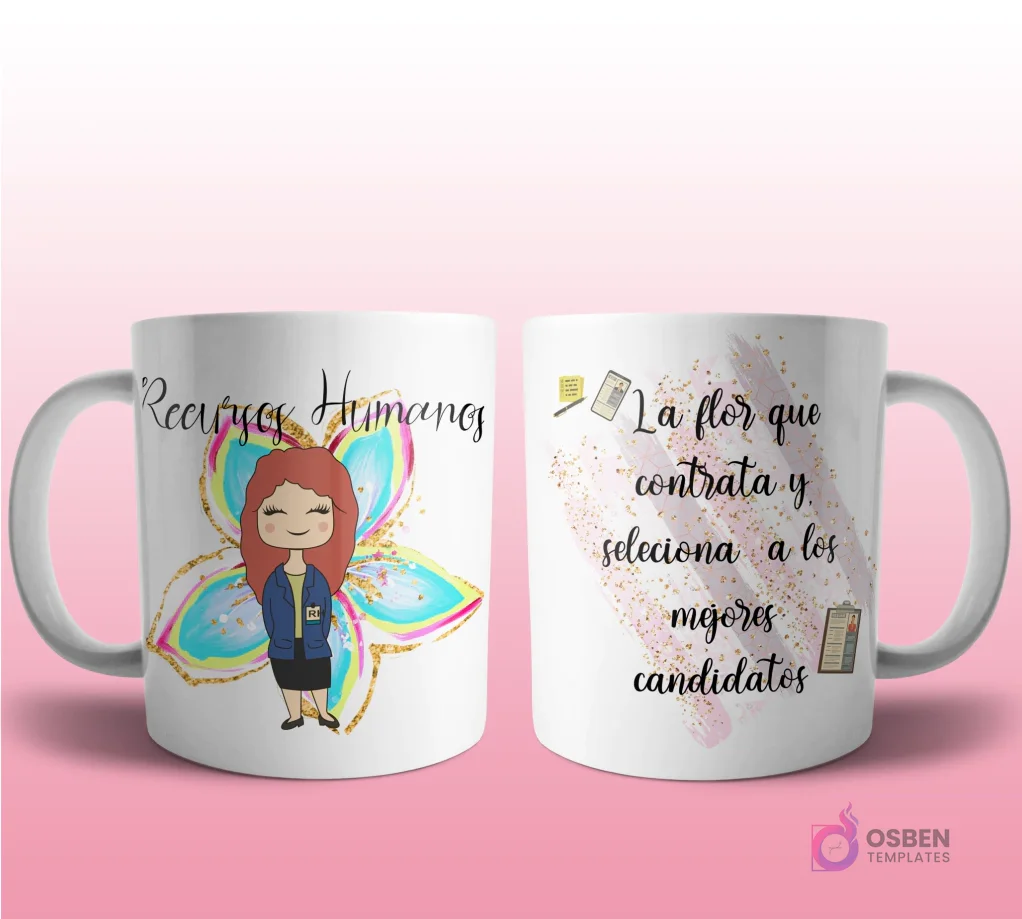 Mug mockup con diseño de secretaria caricaturizada de cabello oscuro con headset y blusa clara, sobre fondo de flor rosa con brillos y frase 'La flor que ayuda a organizar la vida!', con íconos de oficina.