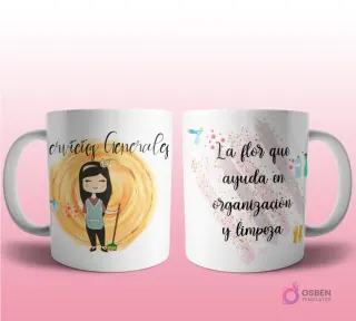 Mug mockup con diseño de telemarketer caricaturizada de cabello rubio con headset, sobre fondo abstracto morado con brillos y frase 'La flor que nos soluciona los problemas del día a día por teléfono'.