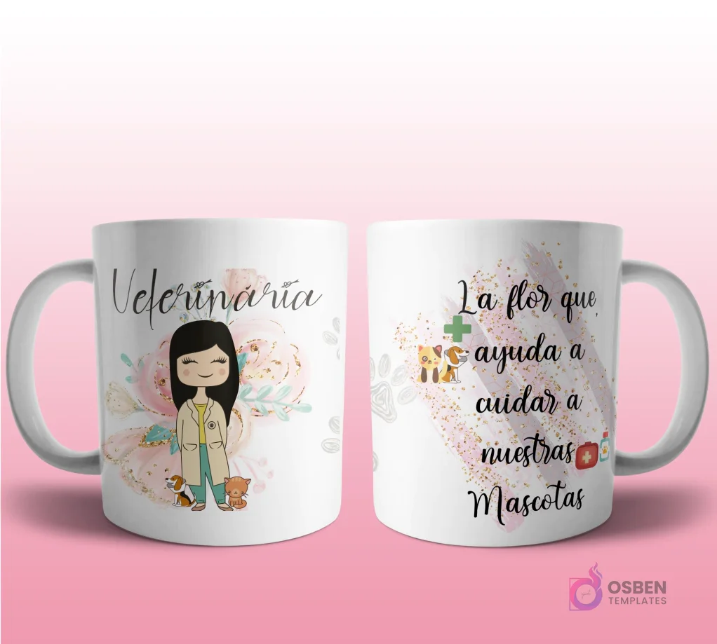 Mug mockup con diseño de científica caricaturizada de cabello oscuro con bata de laboratorio y probeta, sobre fondo abstracto azul con brillos y frase 'La flor que descubre los secretos del universo'.