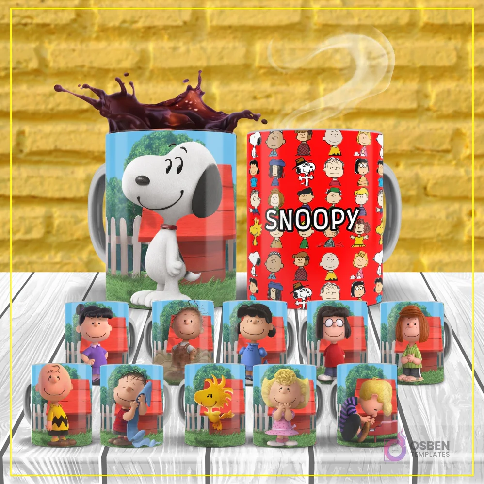 Pack de 12 plantillas para sublimar tazas de Snoopy y sus amigos de Peanuts, con Snoopy destacando en primer plano junto a mugs de Charlie Brown, Lucy, Linus y más personajes.