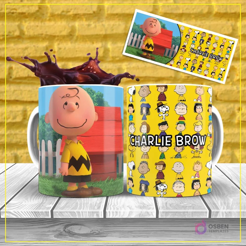 Diseño de sublimación para taza de Charlie Brown, con un primer plano del personaje y un patrón repetitivo de todos los personajes de Peanuts de fondo amarillo.