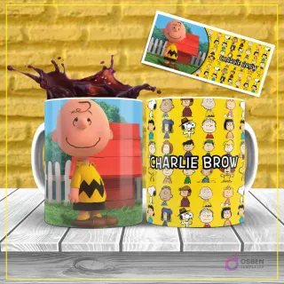Diseño de sublimación para taza de Charlie Brown, con un primer plano del personaje y un patrón repetitivo de todos los personajes de Peanuts de fondo amarillo.