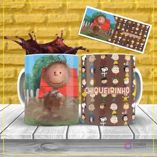 Diseño de sublimación para taza del personaje Pigpen (Chiqueirinho) de Peanuts, con el personaje sucio y feliz y un patrón de personajes de fondo marrón.