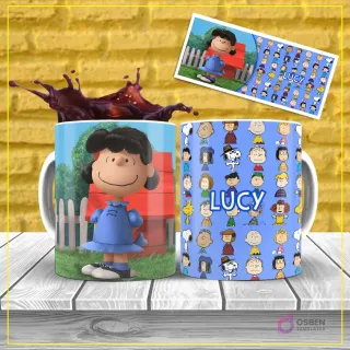 Diseño de sublimación para taza de la personaje Lucy van Pelt de Peanuts, con su vestido azul y expresión característica, sobre un fondo azul con patrón de personajes.