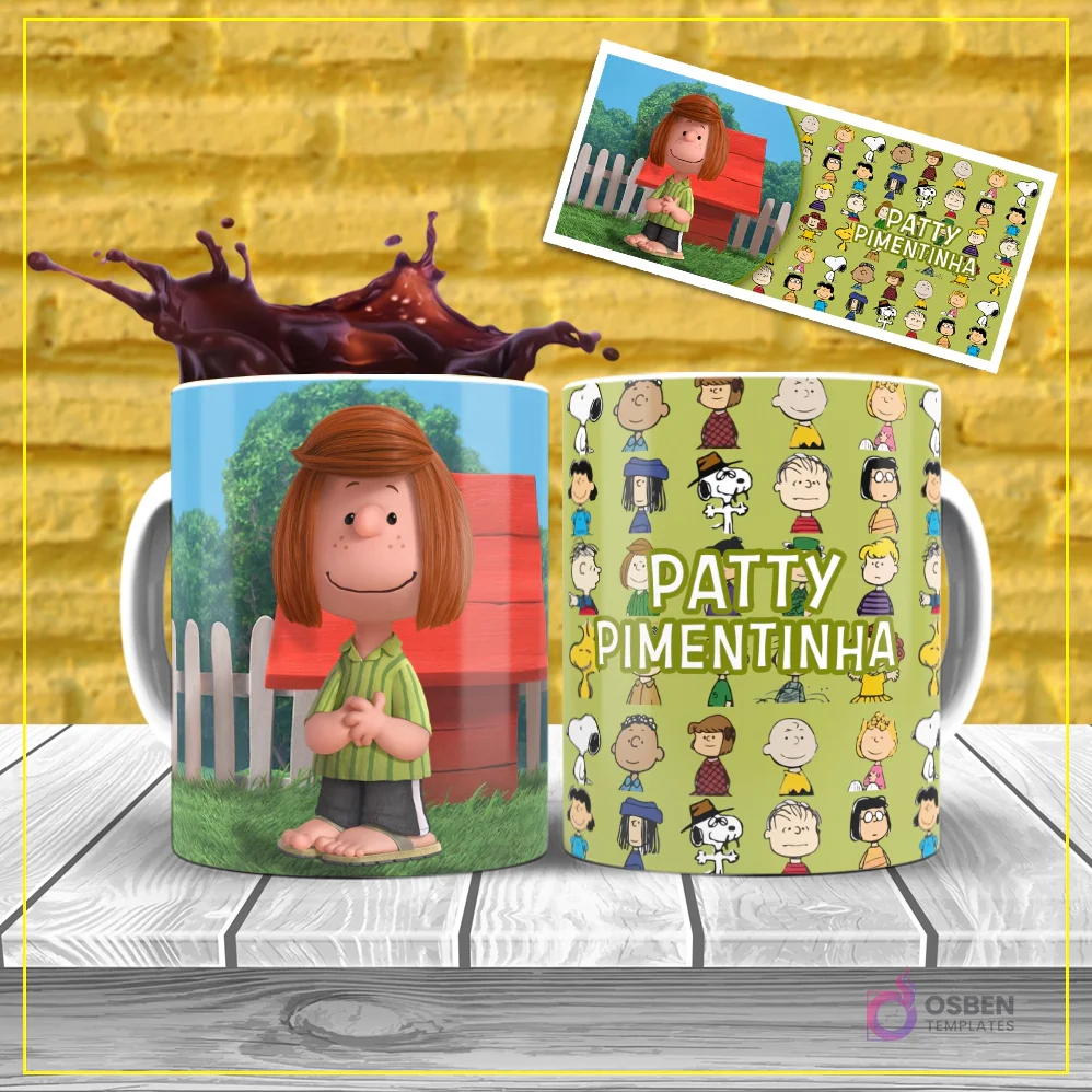 Diseño de sublimación para taza de la personaje Peppermint Patty (Patty Pimentinha) de Peanuts, con su cabello corto y camiseta a rayas, sobre un fondo verde claro con patrón de personajes.