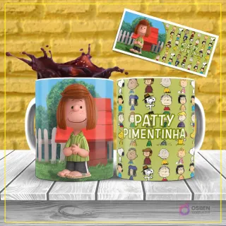 Diseño de sublimación para taza de la personaje Peppermint Patty (Patty Pimentinha) de Peanuts, con su cabello corto y camiseta a rayas, sobre un fondo verde claro con patrón de personajes.