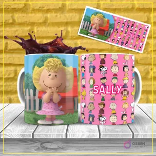 Diseño de sublimación para taza de la personaje Sally Brown de Peanuts, con su vestido rosa, sobre un fondo rosa con patrón de personajes.