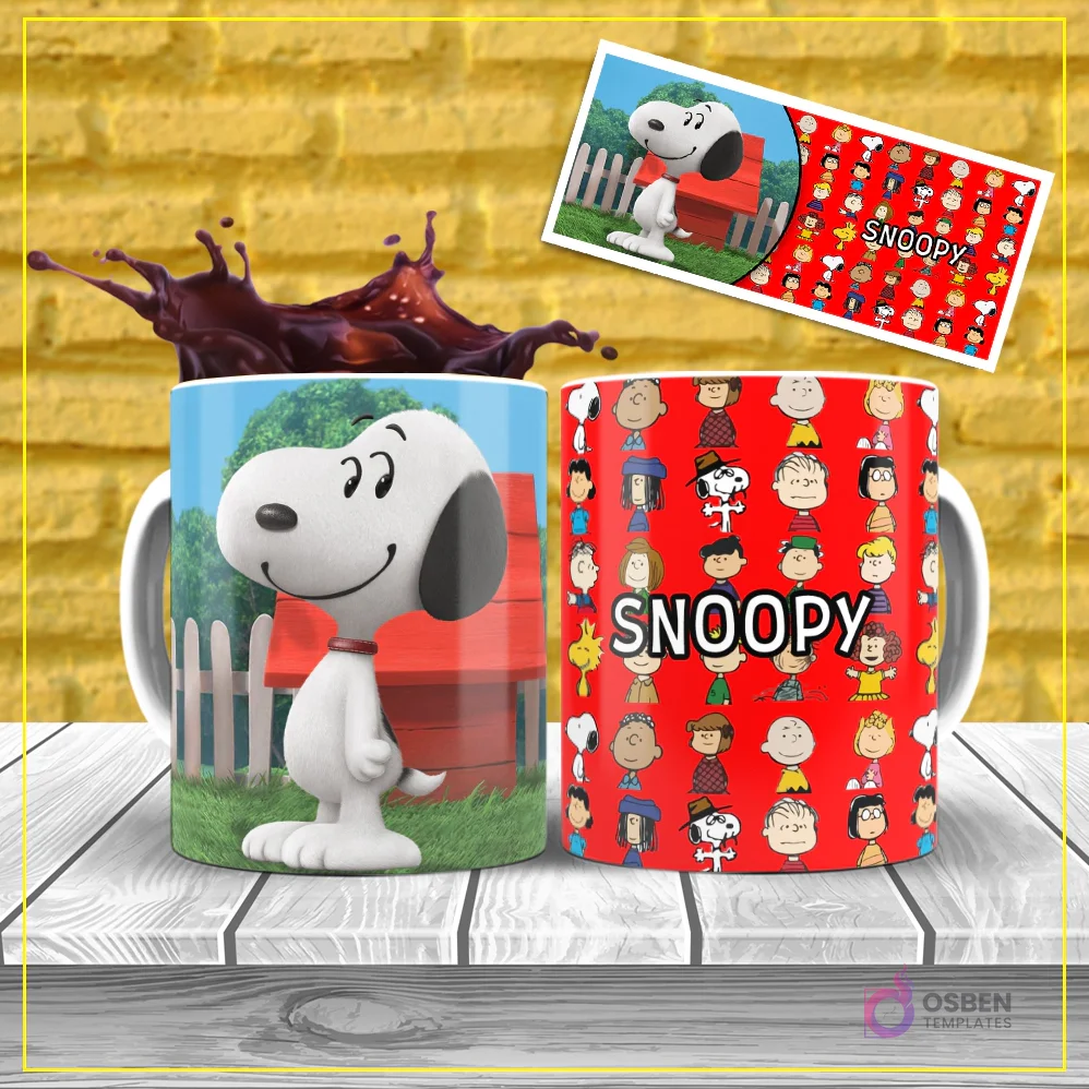 Diseño de sublimación para taza del perro Snoopy de Peanuts, posando frente a su casa roja, sobre un fondo rojo vibrante con patrón de personajes.